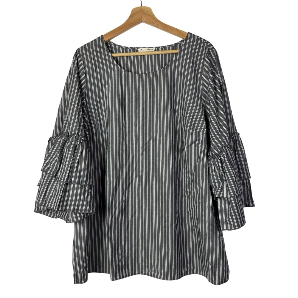 Jane and Delancey Dark Gray & White Stripe Bell Sleeve Long Sleeve Blouse‎ 1X